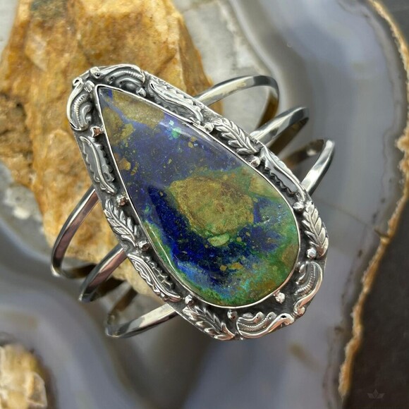 Sterling Southwestern Style Large Teardrop Azurite Malachite Bracelet For Women - Picture 2 of 10